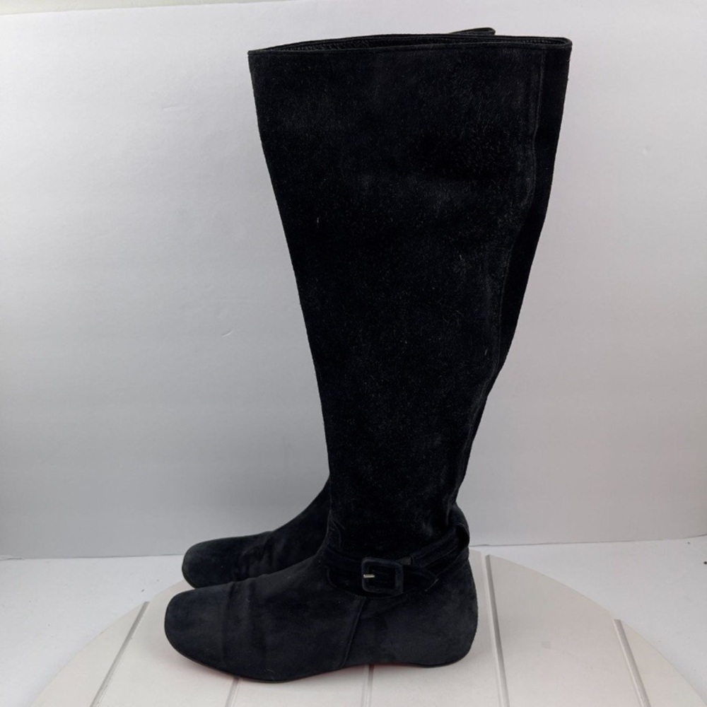 Christian Louboutin black suede flat boots with side zip & buckle Sz 38.5